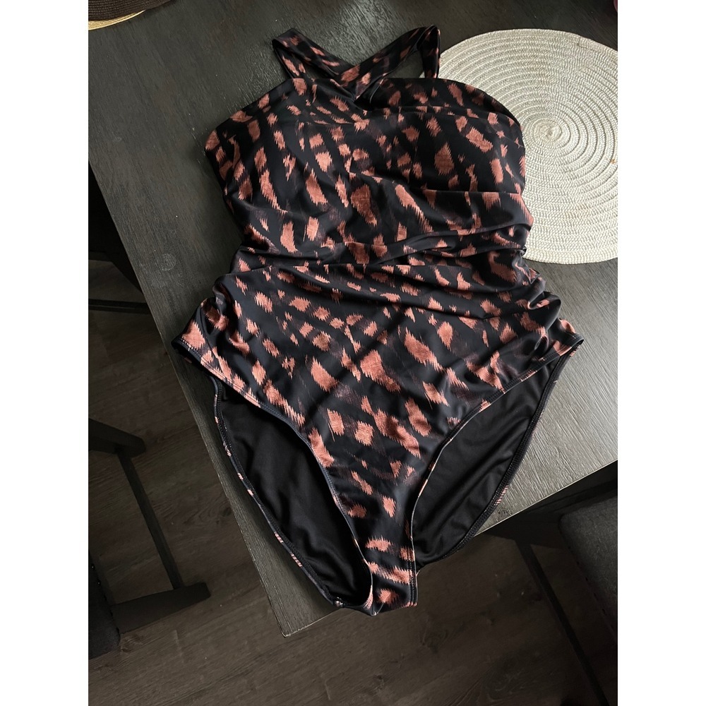 Fashion Nova 3X One Piece Swimsuit Black Copper Ikat Animal Print Ruched Halter